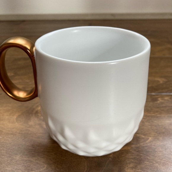 STARBUCKS 2013 White Geometric Coffee Mug Bronze Handle Cup - Picture 2 of 7